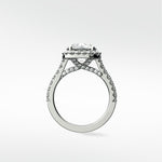 Side view of the platinum Sequoia Diamond Engagement Ring, featuring a pavé band, halo setting, and diamond-accented gallery.