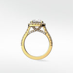 Sequoia Diamond Engagement Ring in yellow gold with a halo setting and pavé diamond band, front view.