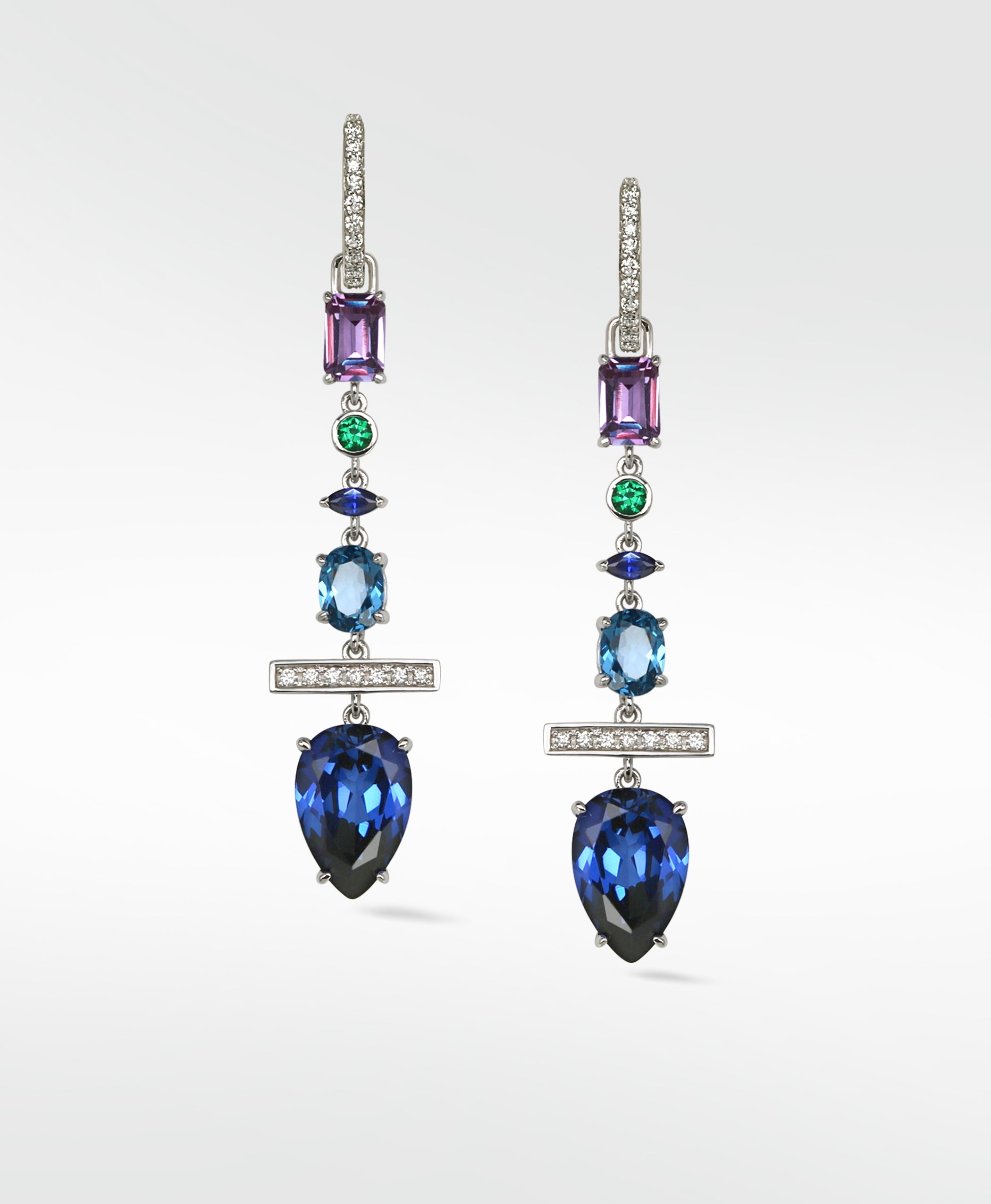 Detachable Sapphire Diamond and Emerald Long Drop with cultured diamonds lab grown diamonds created diamonds lark and berry